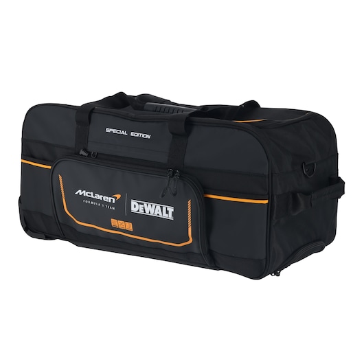 Black DEWALT McLaren tool bag, special edition, with orange accents and zippered front pocket.