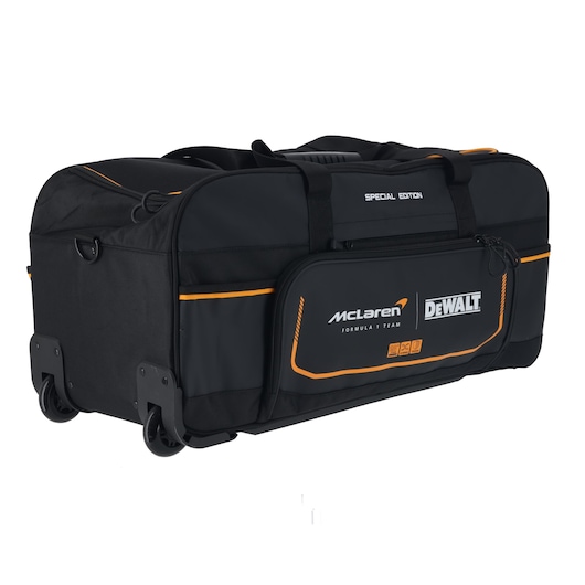 Black DEWALT McLaren special edition tool bag with wheels and orange accents, side pocket and handles.