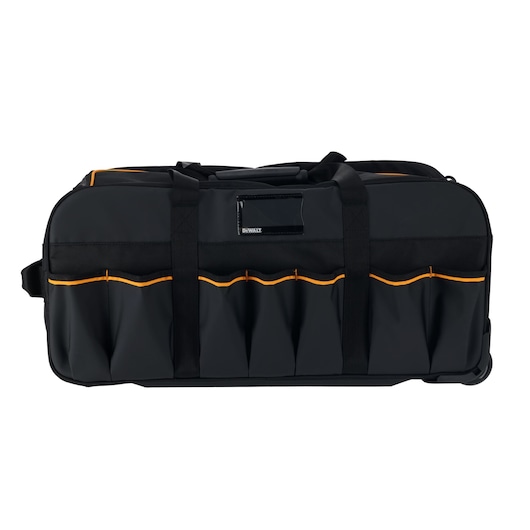 Black DEWALT tool bag with orange trim, multiple exterior pockets, handles, and wheels for easy transport.