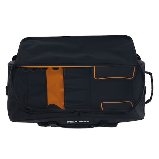 Black tool bag with orange pockets and compartments, open to show organized interior. Special Edition label visible.