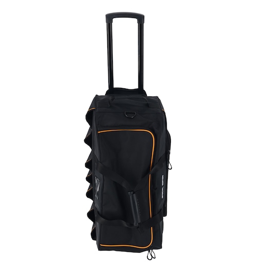 Black wheeled duffel bag with orange trim and telescopic handle, shown upright against a white background.
