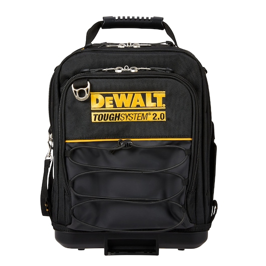 DEWALT ToughSystem 2.0 black tool backpack with zippers, handle, logo, and external storage loops.
