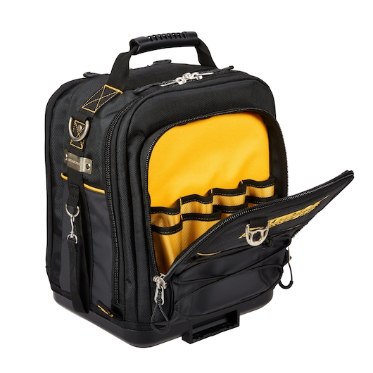 Black and yellow DEWALT backpack with open front pocket and multiple tool slots, shown on a white background.