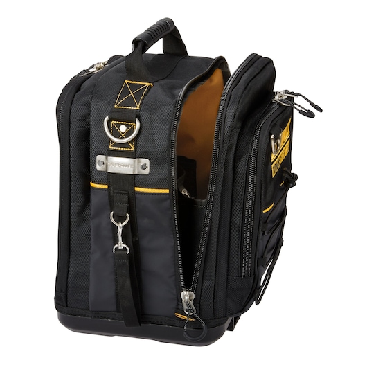 Black DEWALT tool bag with yellow accents, zippered compartments, and a sturdy handle for carrying.