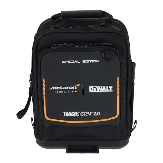 Black DEWALT ToughSystem 2.0 special edition backpack with McLaren branding, front zippers, and carrying handle.