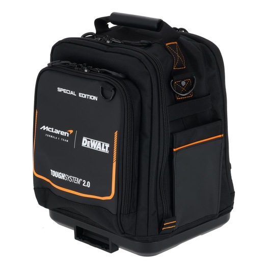 Black DEWALT and McLaren ToughSystem 2.0 backpack with orange accents and multiple pockets.