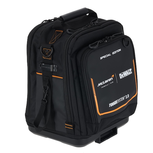 Black DEWALT tool bag, McLaren edition, orange accents, zip pockets. ToughSystem 2.0, special edition.