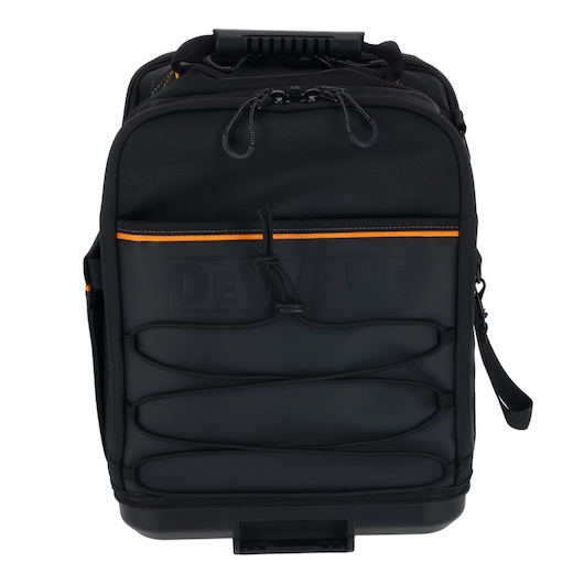 Black DEWALT photography backpack with orange accent, front zippers, and handle shown against a white background.
