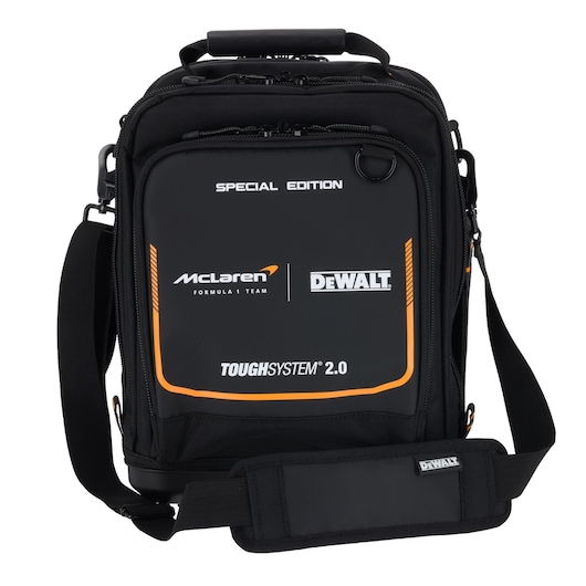 Black DEWALT ToughSystem 2.0 special edition bag with shoulder strap and McLaren branding.