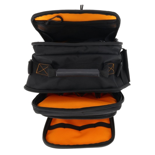 Black DEWALT photography bag open with orange interior, showing compartments and handle.