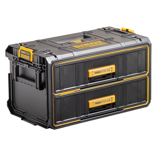 A DEWALT ToughSystem 2.0 storage box with two black and yellow drawers, designed for secure and organized tool storage.