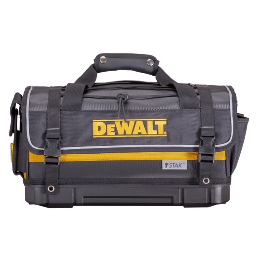 DEWALT TSTAK black and yellow tool bag with sturdy handle and front logo, suitable for carrying equipment.