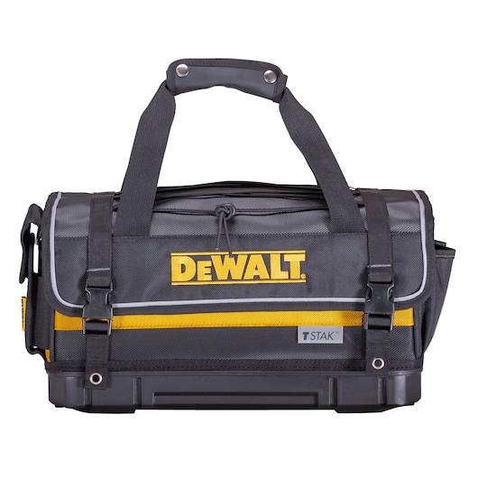Black DEWALT TSTAK tool bag with yellow accents and handle, suitable for carrying and organizing tools.