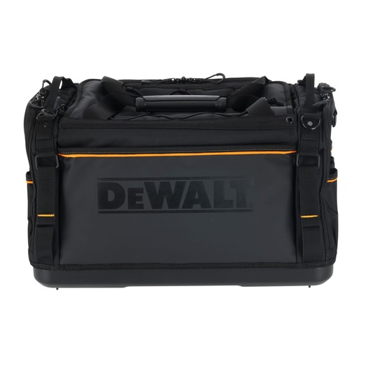 Black DEWALT tool bag with orange accents, front view, sturdy design with handle and shoulder strap.