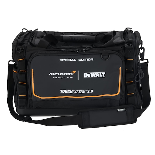 Black DEWALT ToughSystem 2.0 tool bag, McLaren special edition, with orange accents and shoulder strap.