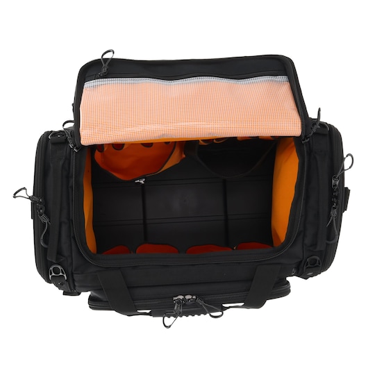 Open DEWALT tool bag with orange interior, showing empty compartments and zippered pockets.