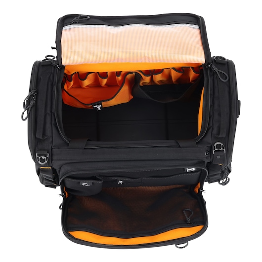 Open black DEWALT tool bag with orange interior, multiple pockets, and compartments for organizing tools and accessories.