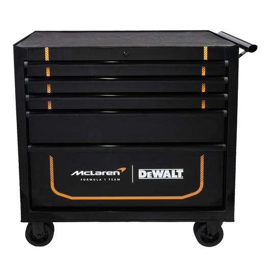 Black DEWALT tool chest on wheels with McLaren branding and multiple drawers for storage.