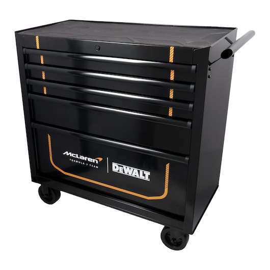 Black Dewalt tool chest with McLaren branding, several drawers, wheels, and handle for mobility.