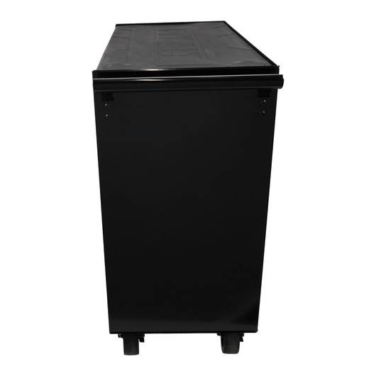Side view of a black rolling tool chest with a flat lid and wheels, shown against a white background.