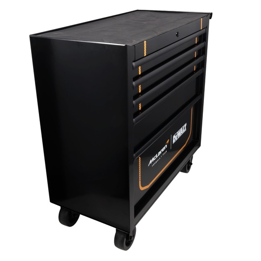 Black Dewalt tool chest on wheels with multiple drawers, McLaren branding visible on the front.