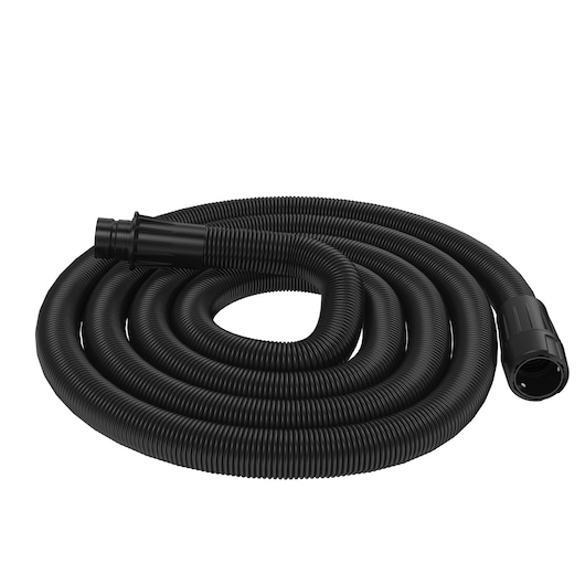 A coiled black flexible hose with connectors on both ends, designed for use with DEWALT tools or equipment.