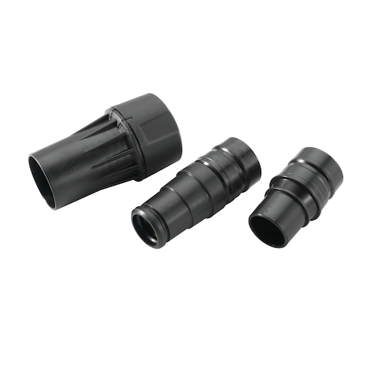 Three black plastic vacuum hose adapters of varying sizes, shown on a white background.