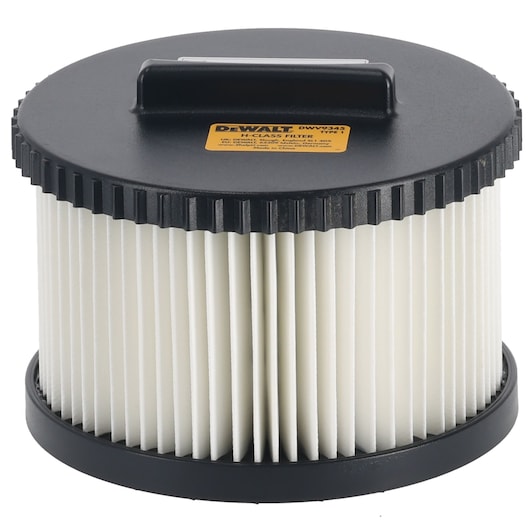 A cylindrical DEWALT DWV9345 H-Class pleated filter with a black plastic top and base, featuring a handle and label on the top surface.
