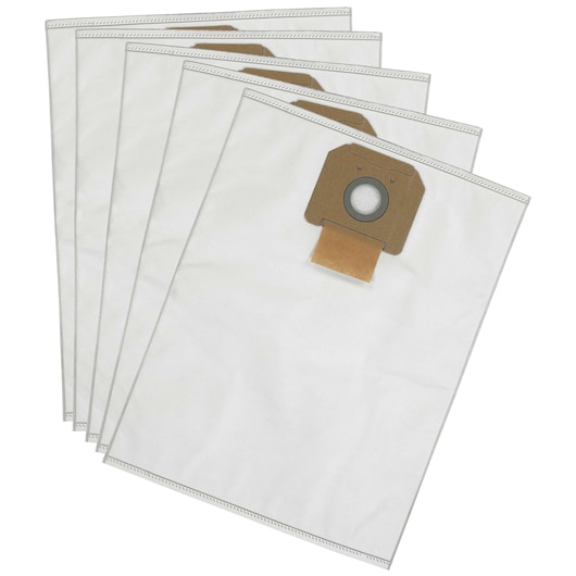 Five white replacement dust bags for a vacuum cleaner, each featuring a cardboard collar with a circular opening, displayed in a fanned arrangement.