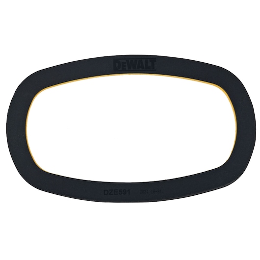 Black DEWALT oval gasket with yellow inner edge, part number DZE591, used for photography equipment.