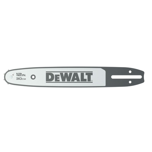 DEWALT 12-inch (30 cm) chainsaw bar, flat and grey, shown isolated on a white background.