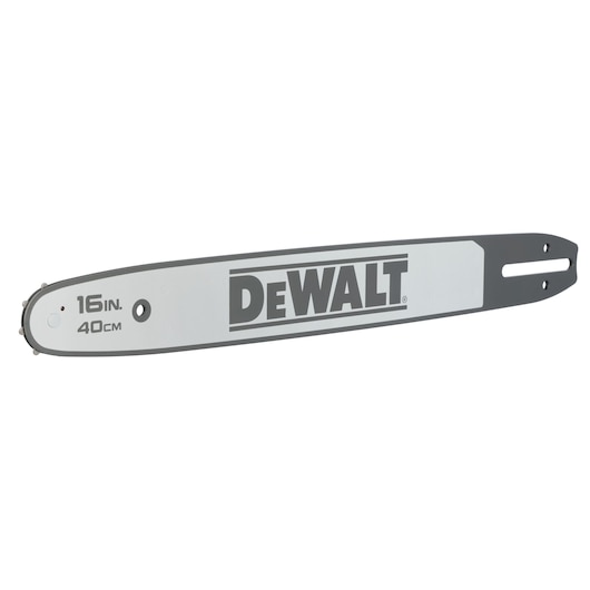 DEWALT 16-inch (40cm) chainsaw bar in gray with black logo, suitable for professional and DIY use.