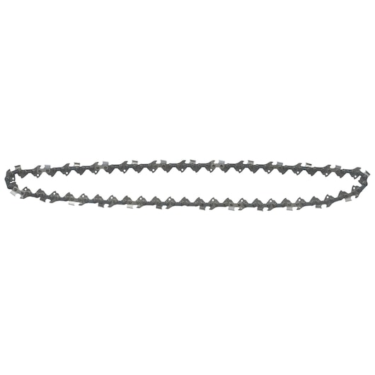 A DEWALT chainsaw chain, oval-shaped, designed for cutting wood. The chain has sharp metal teeth.