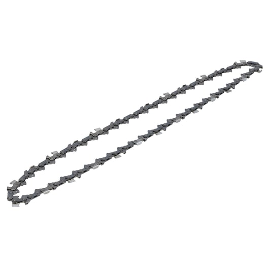 Metal chainsaw chain with sharp teeth shown on a white background.