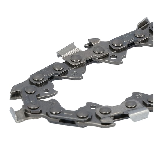 Close-up of a DEWALT chainsaw chain, showing metal links and cutting teeth on a white background.