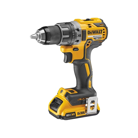 A yellow and black cordless power drill with a brushless motor, featuring an ergonomic handle and visible brand labeling.