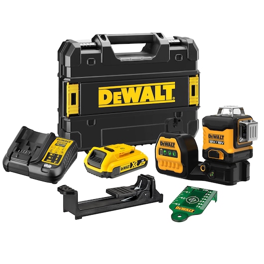 18V/12V XR 3 x 360⁰ krydslinjelaser, grøn, 1 x 2.0 Ah