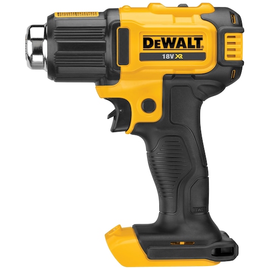 A yellow and black DEWALT 18V XR cordless heat gun designed for professional and DIY use. The tool features an ergonomic grip, a trigger switch, and a compact design suitable for various heating tasks.
