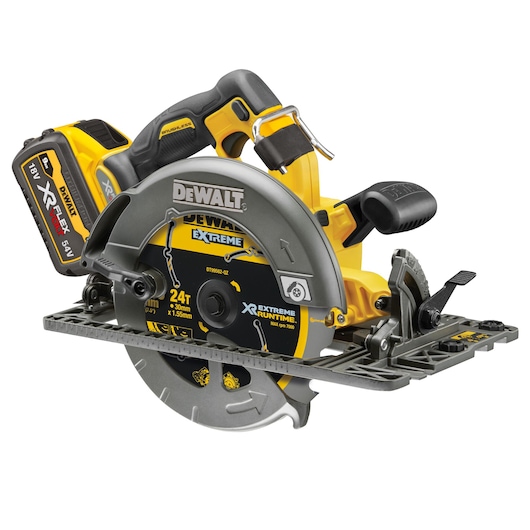 3/4 view of 54V XR FLEXVOLT Rail Compatible Circular Saw with XR Extreme Runtime blade DT99562 and 9AH Flexvolt battery