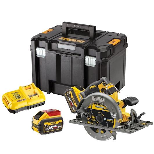 54V XR FLEXVOLT Rail Compatible Circular Saw with XR Extreme Runtime blade DT99562 9AH Flexvolt battery, DCB118 charger, 9AH Flexvolt battery and Tstak box