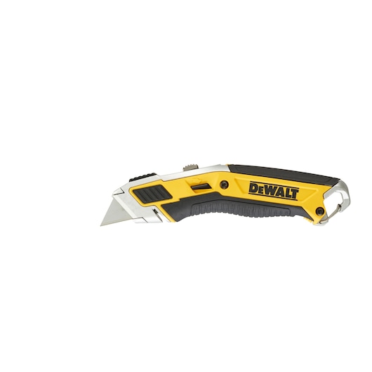 A DEWALT utility knife with a retractable blade, featuring a yellow and black ergonomic handle.