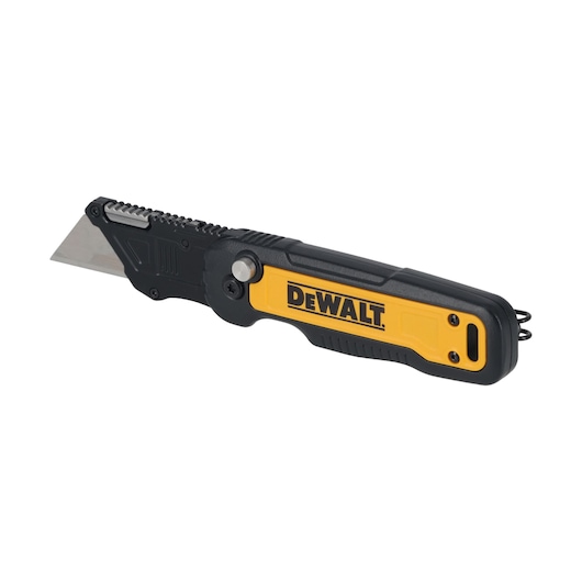 DEWALT folding utility knife with black and yellow handle and exposed blade, shown on a white background.