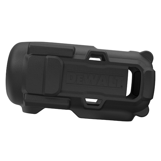 Black DEWALT protective cover for a photography device, durable and rugged with molded design and cutouts.