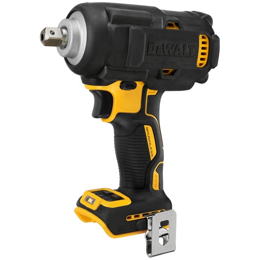 DEWALT cordless impact wrench in black and yellow, shown without battery, side view on white background.