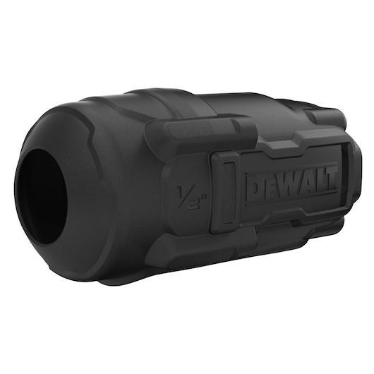 A black, rugged protective case with the DEWALT logo embossed on the side and labeled 1/2 inch. The case is cylindrical and designed to protect tools or accessories.