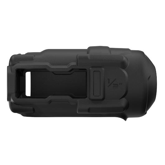 Top view of a black DEWALT protective cover, designed for a 1/2-inch tool accessory, with rugged contours and a rectangular opening.