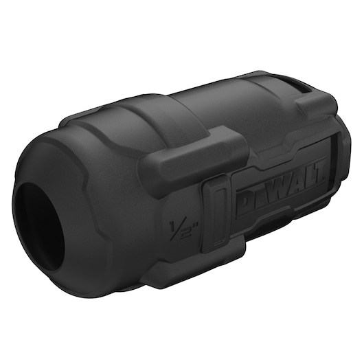 A black cylindrical protective cover branded with DEWALT, designed for 1/2 inch power tool accessories.