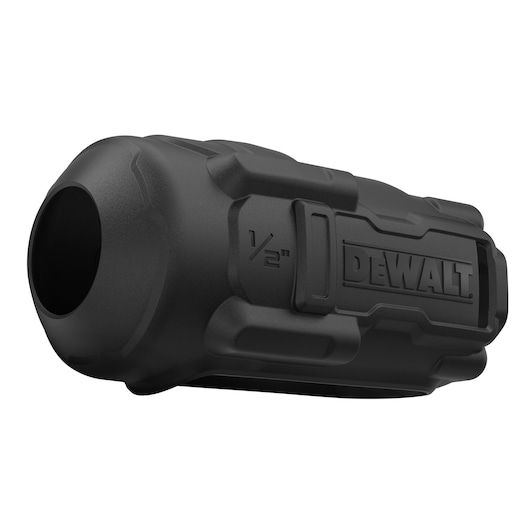 A black DEWALT protective cover for a 1/2 inch tool accessory, featuring rugged design and embossed branding.