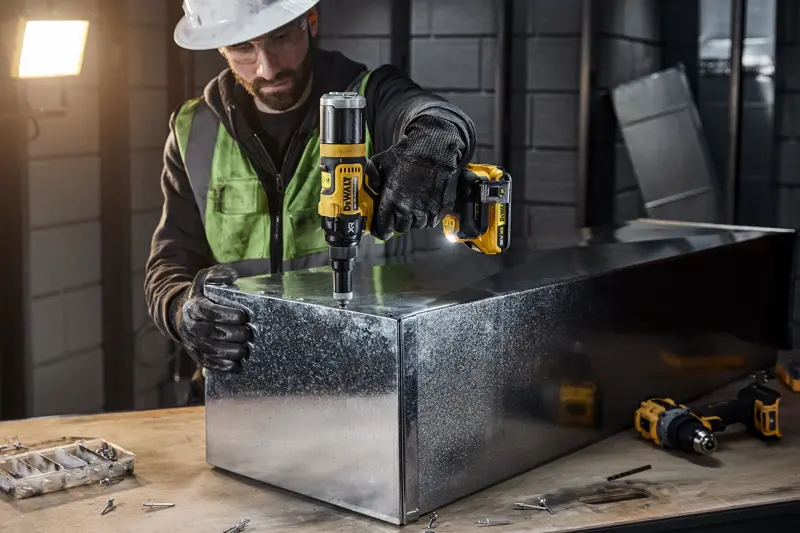 En person iført sikkerhedsudstyr bruger DEWALT DCF403NT batteridrevet elværktøj til at arbejde på en metalboks i et industrielt værksted. Forskellige skruer og værktøjer ses på arbejdsbordet.